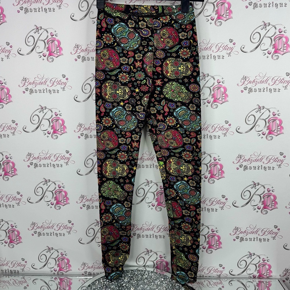 Just cozy pants skulls day of the dead Colorful Patterned fleece lined Leggings